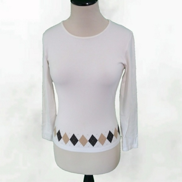 White Long Sleeve Tee With Tartan Plaid Trim - Picture 2 of 7